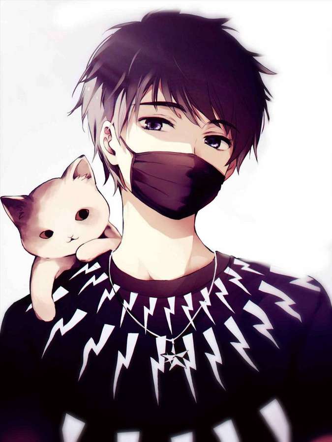 Anime-Junge mit Maske hält kleines weißes Kätzchen — Maskenjunge Wallpaper