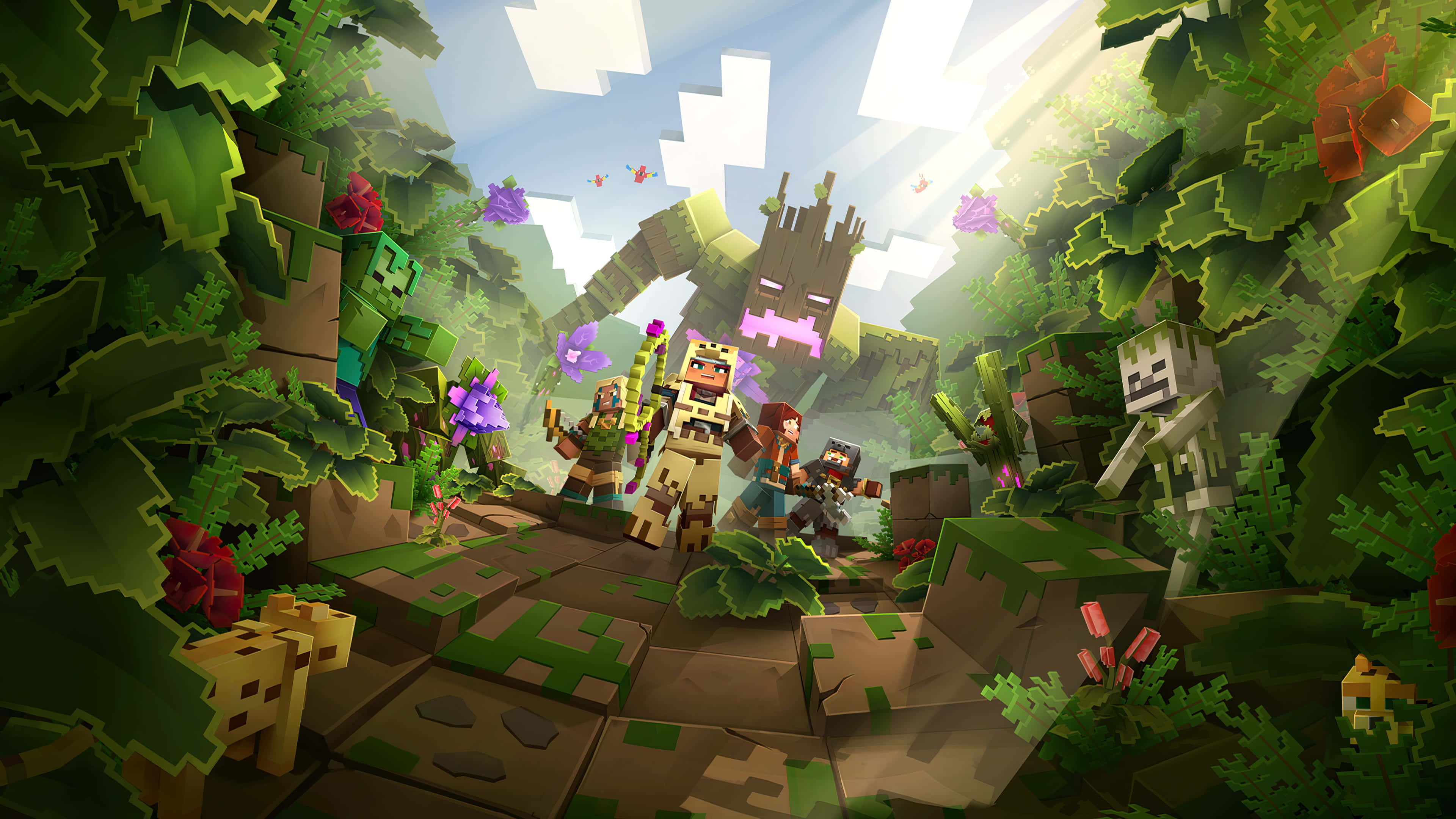 Jogadores e mobs em uma selva exuberante do Minecraft com flores coloridas e árvores em blocos. — Masmorras do Minecraft Papéis de Parede