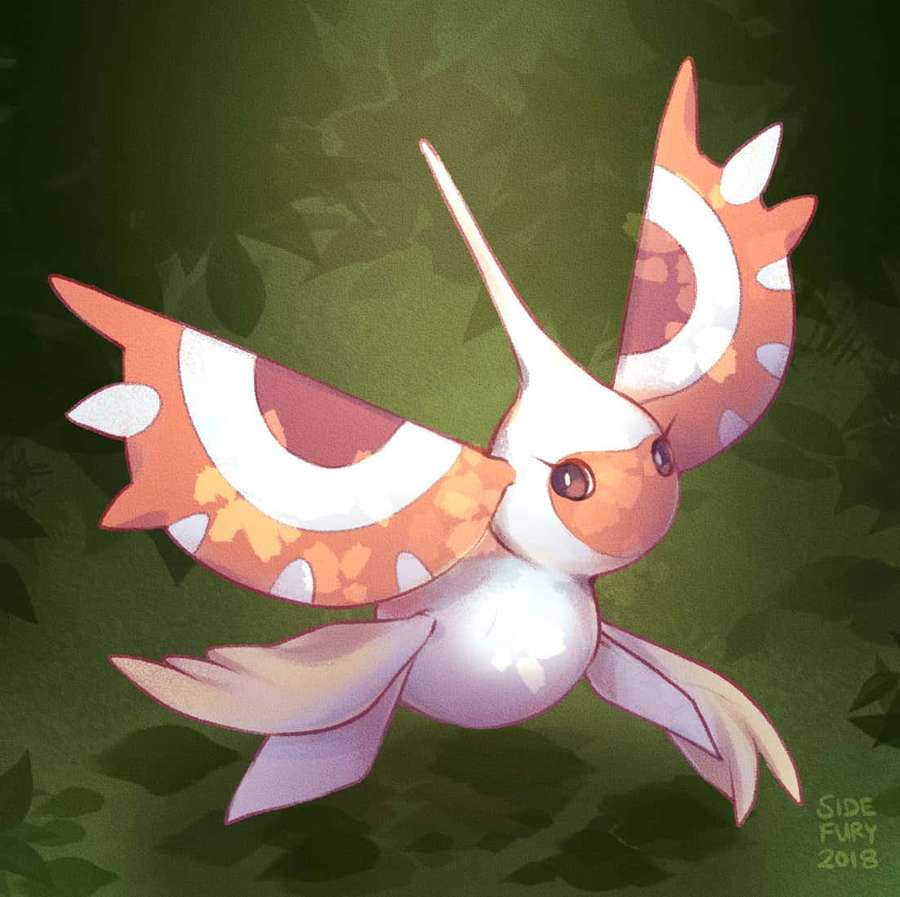 A cute flying anime creature with orange and white wings against a green leafy backdrop. — Masquerain Wallpaper