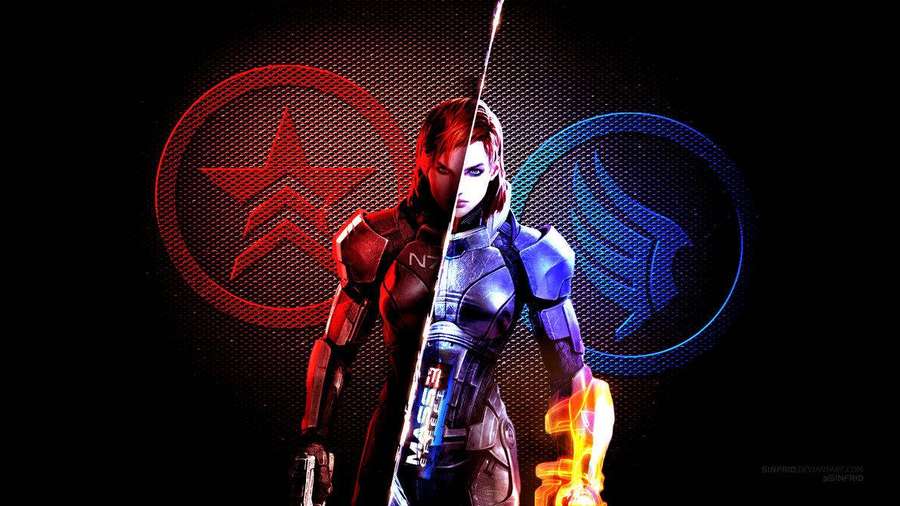 Soldatin in futuristischer Rüstung, die ein glühendes Schwert hält, mit Fraktionssymbolen hinter ihr. — Mass Effect 3 Bilder