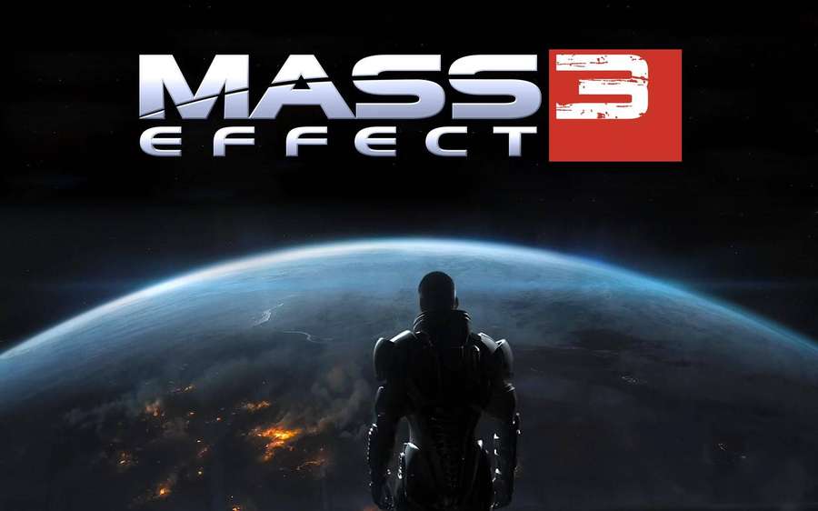 Figura silueteada con armadura mira un planeta brillante desde el espacio con el logotipo 'Mass Effect 3'. — Mass Effect 3 Fondos de pantalla