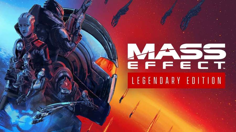 Mass Effect Legendary Edition cover art with alien characters and spaceships in space. — Mass Effect Background