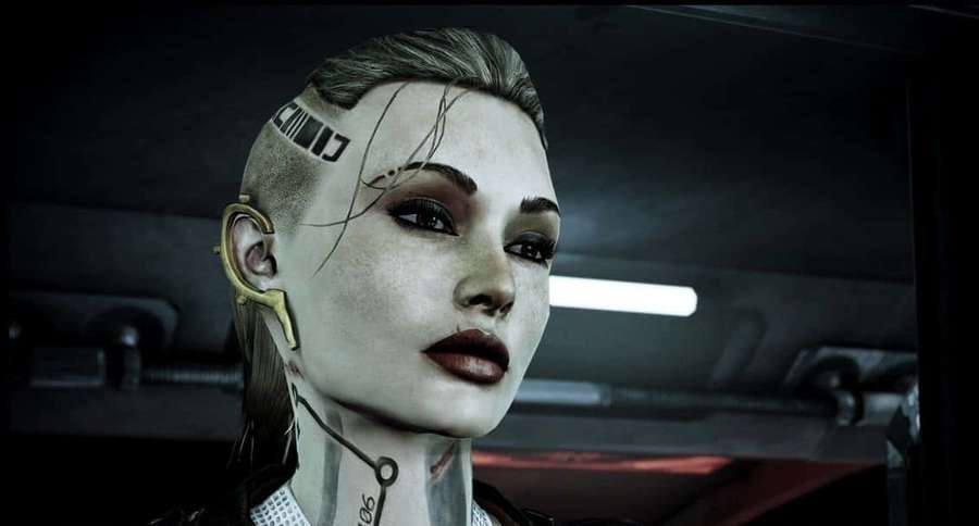 Wanita cybernetic dengan implan bercahaya di lingkungan futuristik yang gelap. — Mass Effect Jack Wallpaper