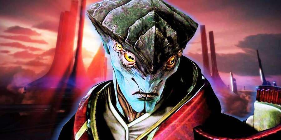 Blue-skinned alien with glowing eyes in a sci-fi city at sunset. — Mass Effect Javik Wallpaper