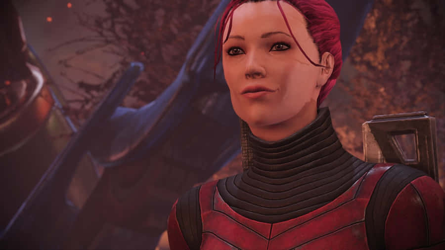 En rödhårig kvinnlig krigare i röd och svart rustning med ett vapen bakom sig. — Mass Effect bakgrund Bakgrundsbilder