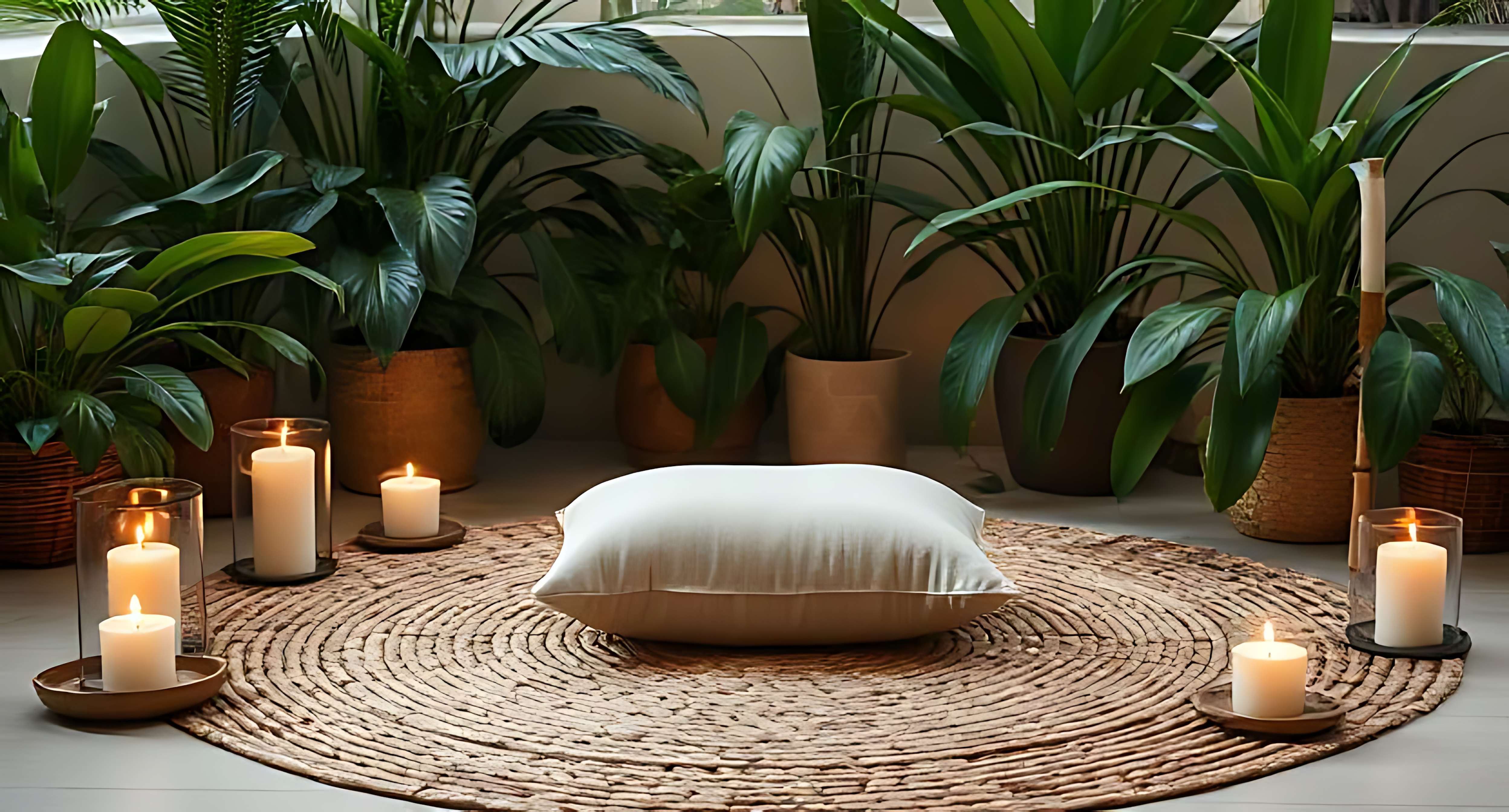 A cozy meditation corner with candles and plants for relaxation. — Massage Background