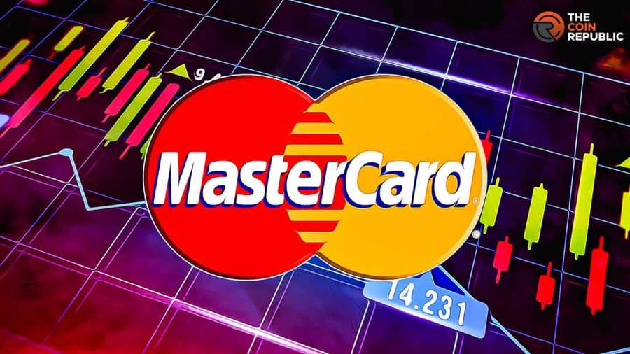 MasterCard logo over financial chart with neon grid and candlestick data. — Mastercard Wallpaper