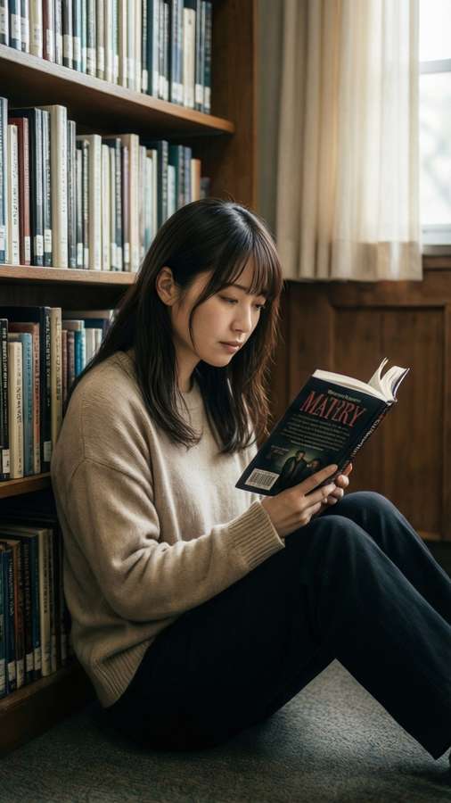 Masumi Sera immerses herself in a mystery book in the library. — Masumi Sera Wallpaper