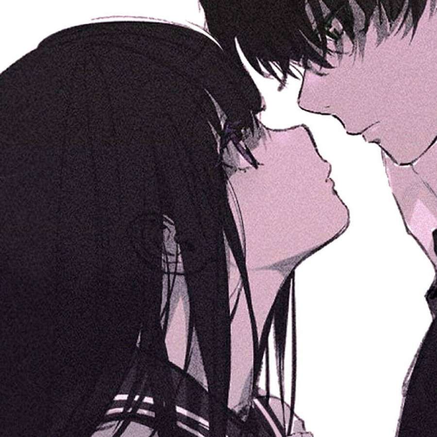 Anime couple sharing an intimate kiss with soft pink and black tones. — Matching Pfp For Couples Wallpaper