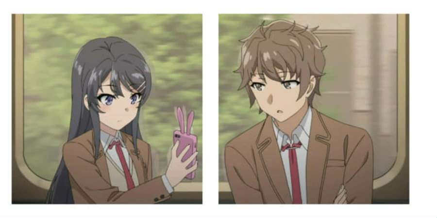 Två anime-studenter i skoluniform på ett tåg. Den ena håller en rosa kanin-telefon, den andra ser överraskad ut. — Matching Profile Bakgrundsbilder
