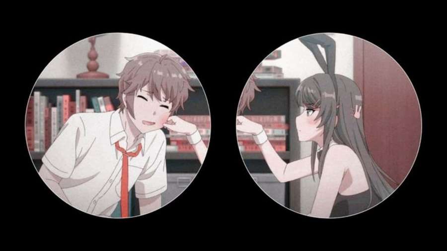 Two anime characters in circular frames interact playfully indoors near bookshelves. — Matching Profile Picture