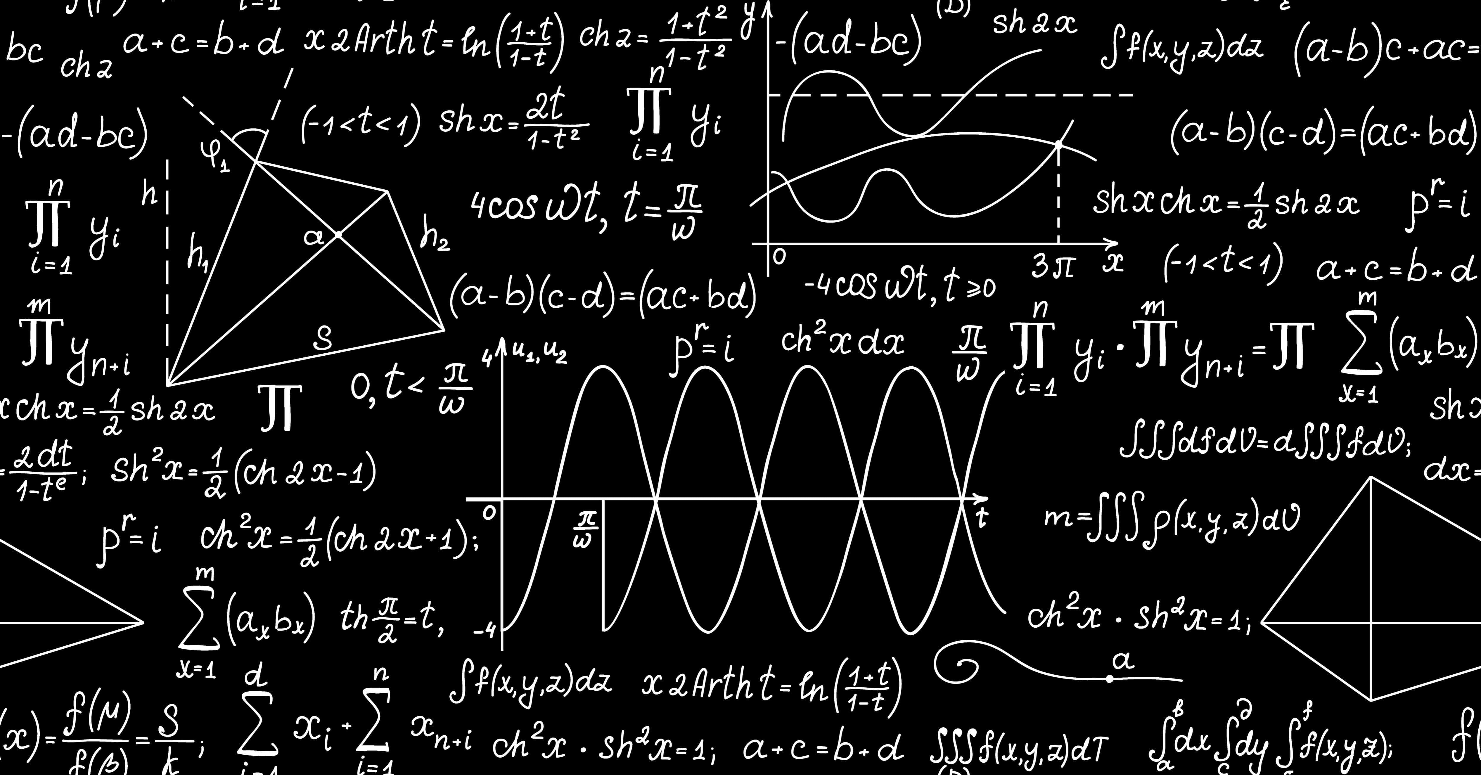 Blackboard filled with complex mathematical equations and diagrams in white. — Math Background