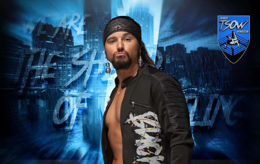 Wrestler in black jacket with cityscape and neon text behind him. — Matt Jackson Wallpaper