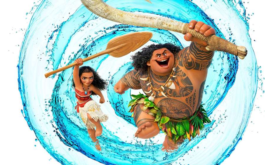 Moana and Maui paddling through a swirling ocean wave with joyful expressions. — Maui Background