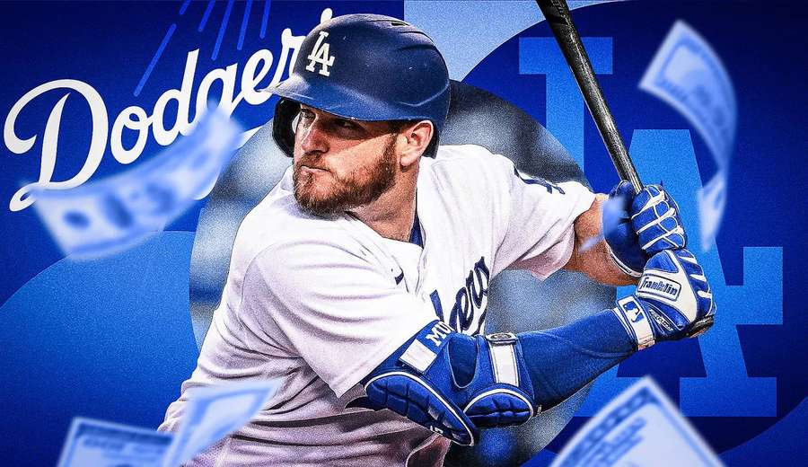 Dodgers baseball player swinging bat in action pose with team branding. — Max Muncy Wallpaper