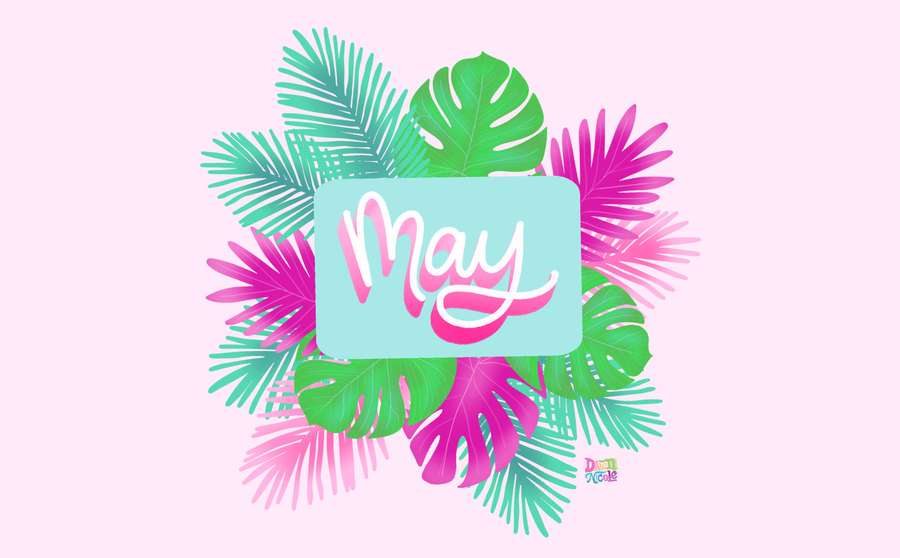 Tropical leaves frame a blue box with the word May in pink cursive. — May Wallpaper