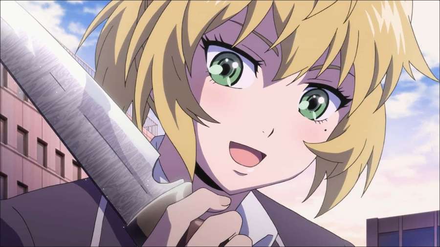 Anime-Mädchen mit blonden Haaren und grünen Augen, das ein großes Messer vor Gebäuden hält. — Mayuko Nise Wallpaper
