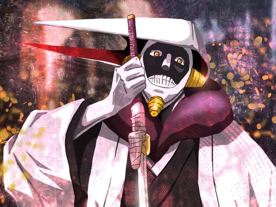 Guerrero anime con máscara de calavera sosteniendo una hoja roja brillante en fuego cósmico. — Mayuri Kurotsuchi Fondos de pantalla