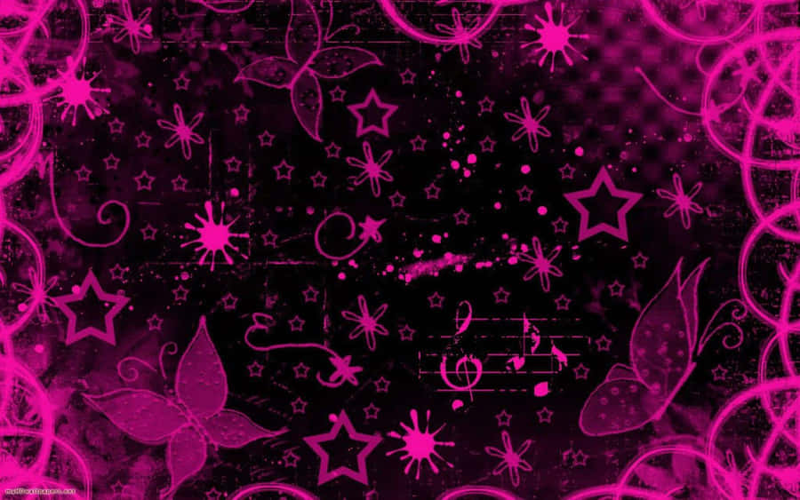 Pink stars butterflies and musical notes on a dark textured background. — Mcbling Wallpaper