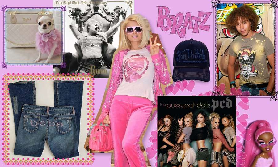 Eine pinkfarbene Collage mit Popkultur-Ikonen und Modeartikeln aus den 2000ern. — Mcbling Aesthetic Wallpaper