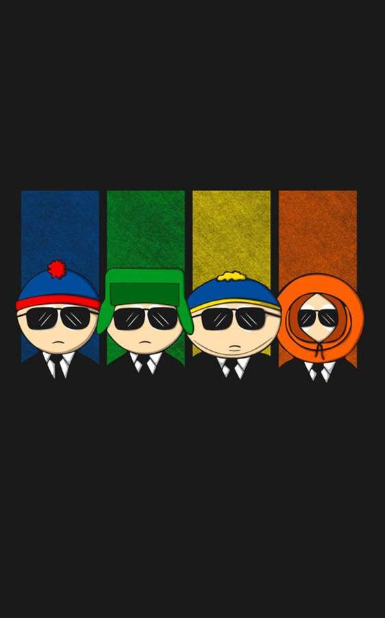 Vier South Park-Figuren mit Sonnenbrillen und Wintermützen vor farbigen Blöcken. — Mccormick Bilder