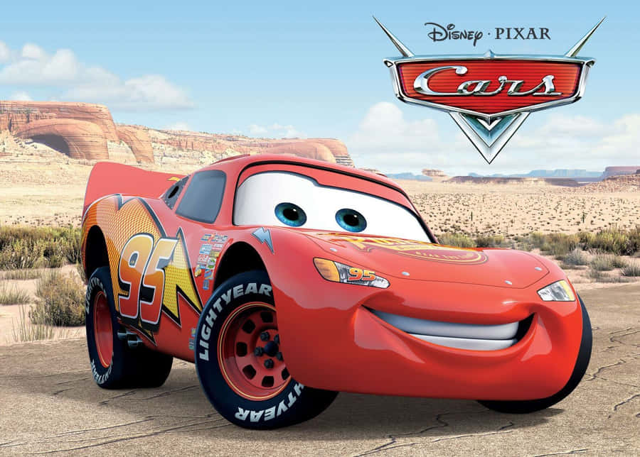Red animated race car with number 95 smiling in a desert. — Mcqueen Background