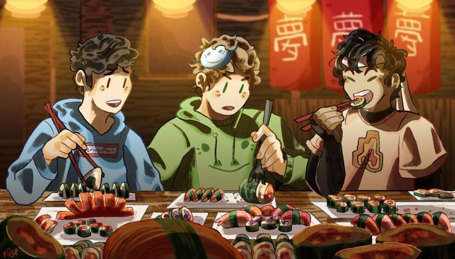 Three anime boys happily eating sushi at a Japanese restaurant with red lanterns. — Mcyt Wallpaper