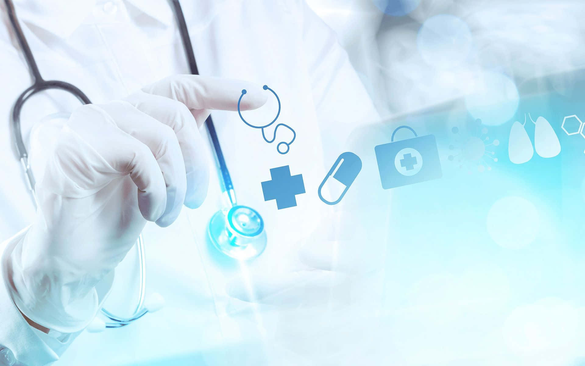 Doctor's hand with stethoscope and floating medical icons in blue digital light. — Medical Background