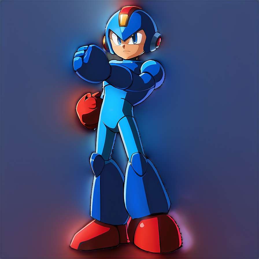 Blue and red armored robot hero in fighting pose with glowing effects. — Mega man PNG