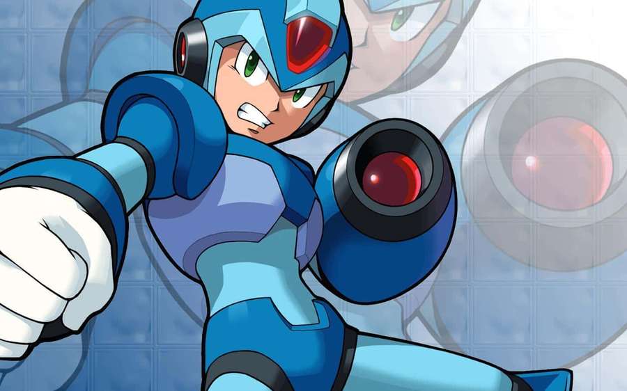 Blau gepanzerter Roboterkrieger mit rotem Visier und Buster-Kanone im Anime-Stil. — Megamann Wallpaper