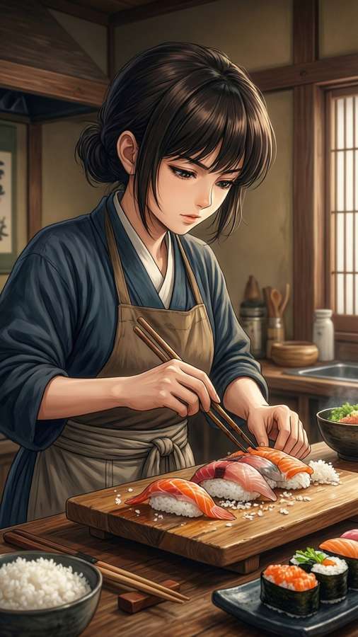 Megumi Tadokoro making traditional sushi in a serene Japanese kitchen. — Megumi Tadokoro Wallpaper