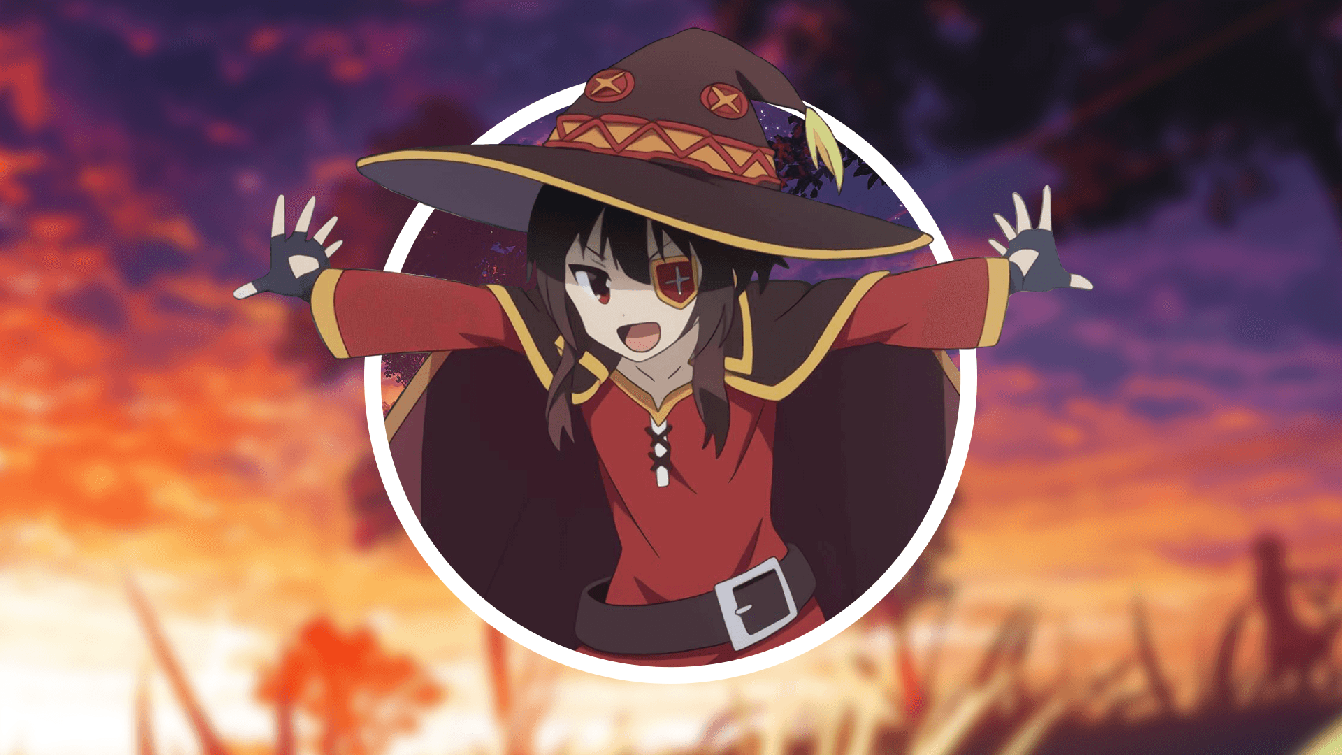 Anime witch with arms wide open against a vibrant sunset sky. — Megumin Wallpaper