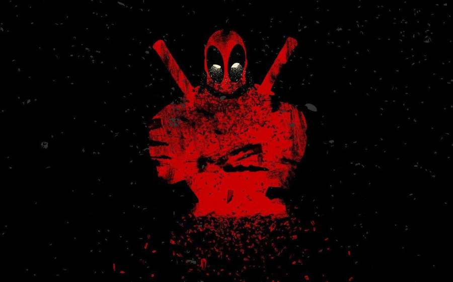 Figura roja de Deadpool con espadas cruzadas sobre un fondo negro salpicado. — Mejor HD Fondos de pantalla