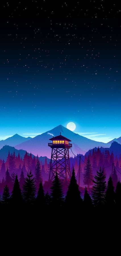 Torre de vigia de incêndio na montanha à noite sob lua e estrelas — Melhor smartphone Papéis de Parede