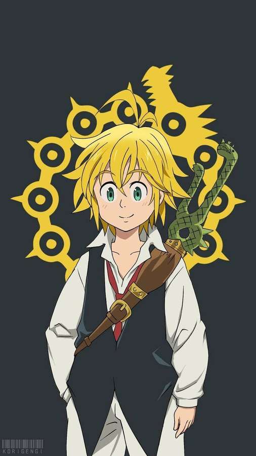 Anime character with blonde hair and green eyes holding a green snake sword. — Meliodas Background