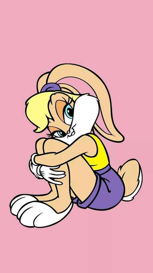 Cartoon-Hase sitzt und umarmt Knie auf rosa Hintergrund — Melodien Wallpaper