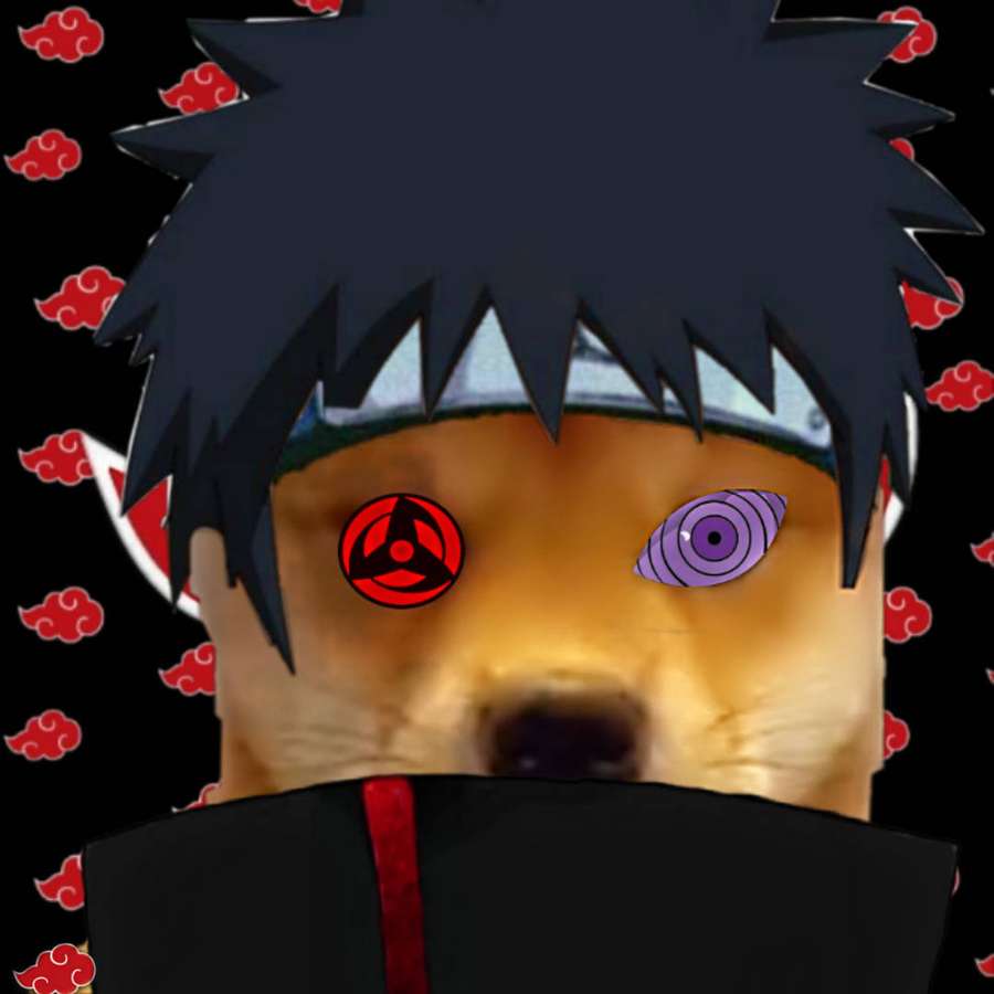 Hund mit Anime-Augen und Ninja-Ausrüstung auf einem roten Wolkenhintergrund. — Meme Pfp Wallpaper