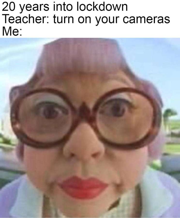 Person with large glasses and pink hair making a funny face for a Zoom call meme. — Meme Pfp Picture