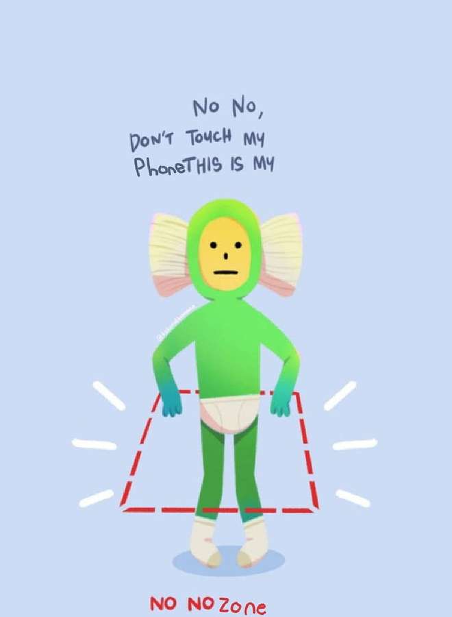 Green cartoon character with fish fins and diaper guards phone with 'NO NO Zone' boundary. — Meme Phone Background