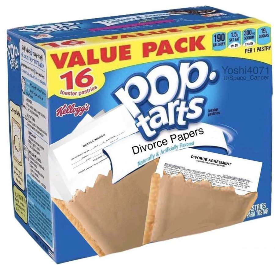 Una caja de Pop-Tarts con papeles de divorcio derramándose como contenido de pastelería. — Memes de comida Fondos de pantalla