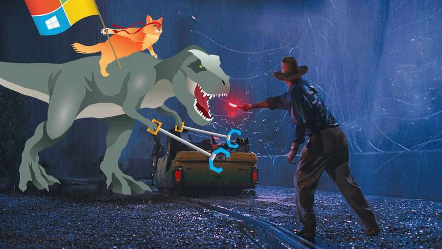 Gato de dibujos animados sobre dinosaurio lucha contra vaquero en escena nocturna lluviosa con arma brillante. — Memes de creatividad Fondos de pantalla
