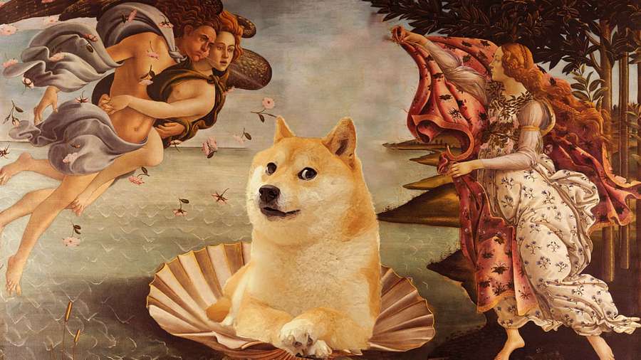 Perro Shiba Inu en concha con figuras mitológicas en estilo de pintura renacentista. — Memes de perros Fondos de pantalla