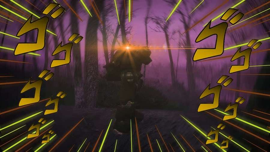Armored warrior walking through glowing forest with comic sound effects. — Menacing Wallpaper