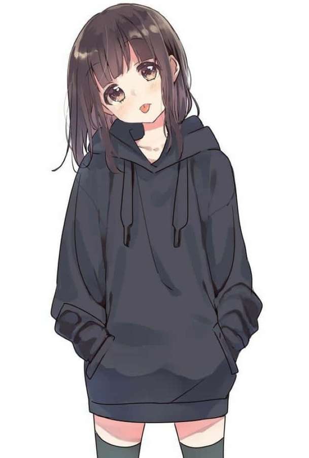 Anime girl in oversized hoodie with hands in pockets smiling gently. — Menhera Chan Wallpaper