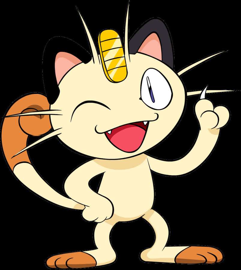 Cartoon-Katze mit Horn winkt fröhlich vor schwarzem Hintergrund — Meowth Bilder
