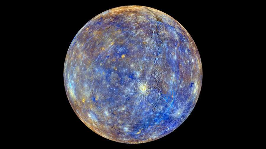 Planet with blue and gold craters in space — Mercury Picture