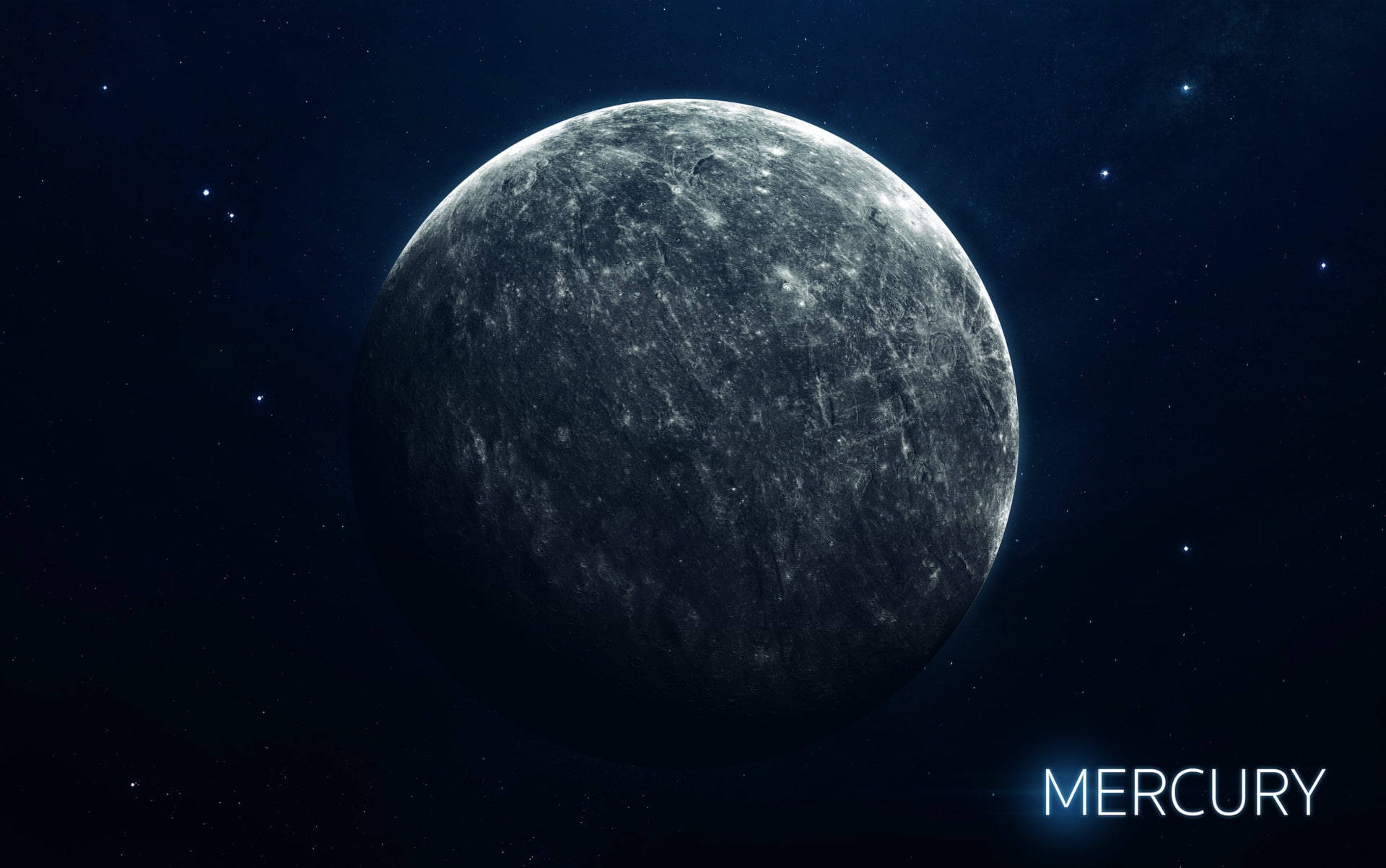 Planeten Merkurius med kraterfylld yta mot en stjärnrik natthimmel. — Kvicksilver bakgrund Bakgrundsbilder