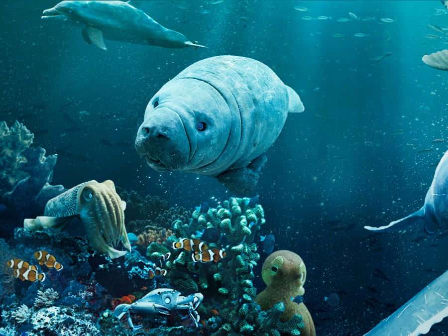 Manaatti ja klovnikalat uivat korallien ja mustekalojen seassa kirkkaassa sinisessä valtamerivedessä. — Merilehmä Taustakuvat