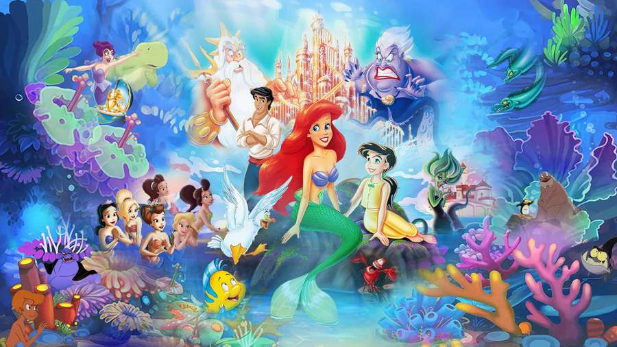 Disney's Little Mermaid characters in a colorful underwater kingdom with coral and a castle. — Mermaid Background
