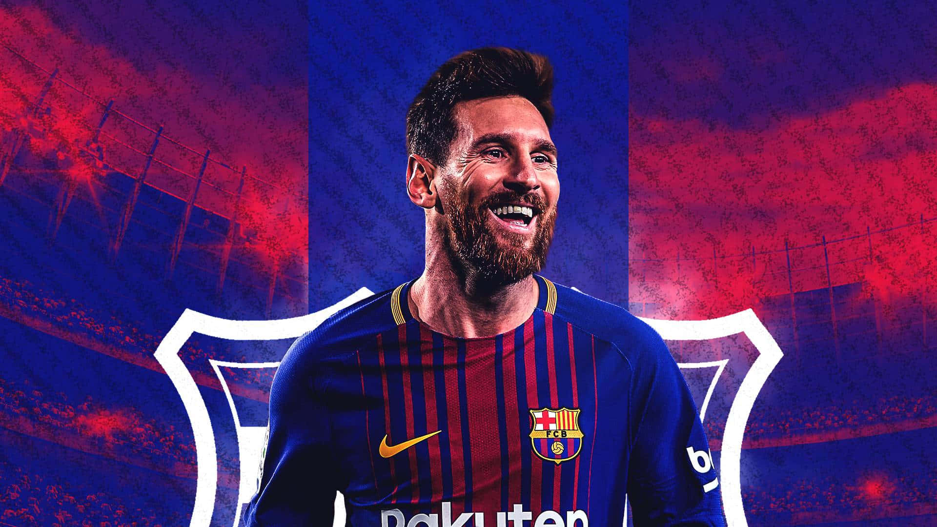 Lionel Messi na camisa do Barcelona sorrindo para a câmera com fundo de estádio. — Messi Papéis de Parede
